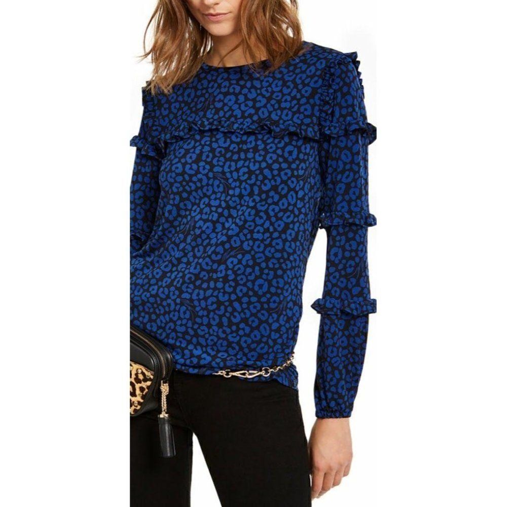 Michael Kors Blue/Black Animal-Print Blouse Top XS‎
